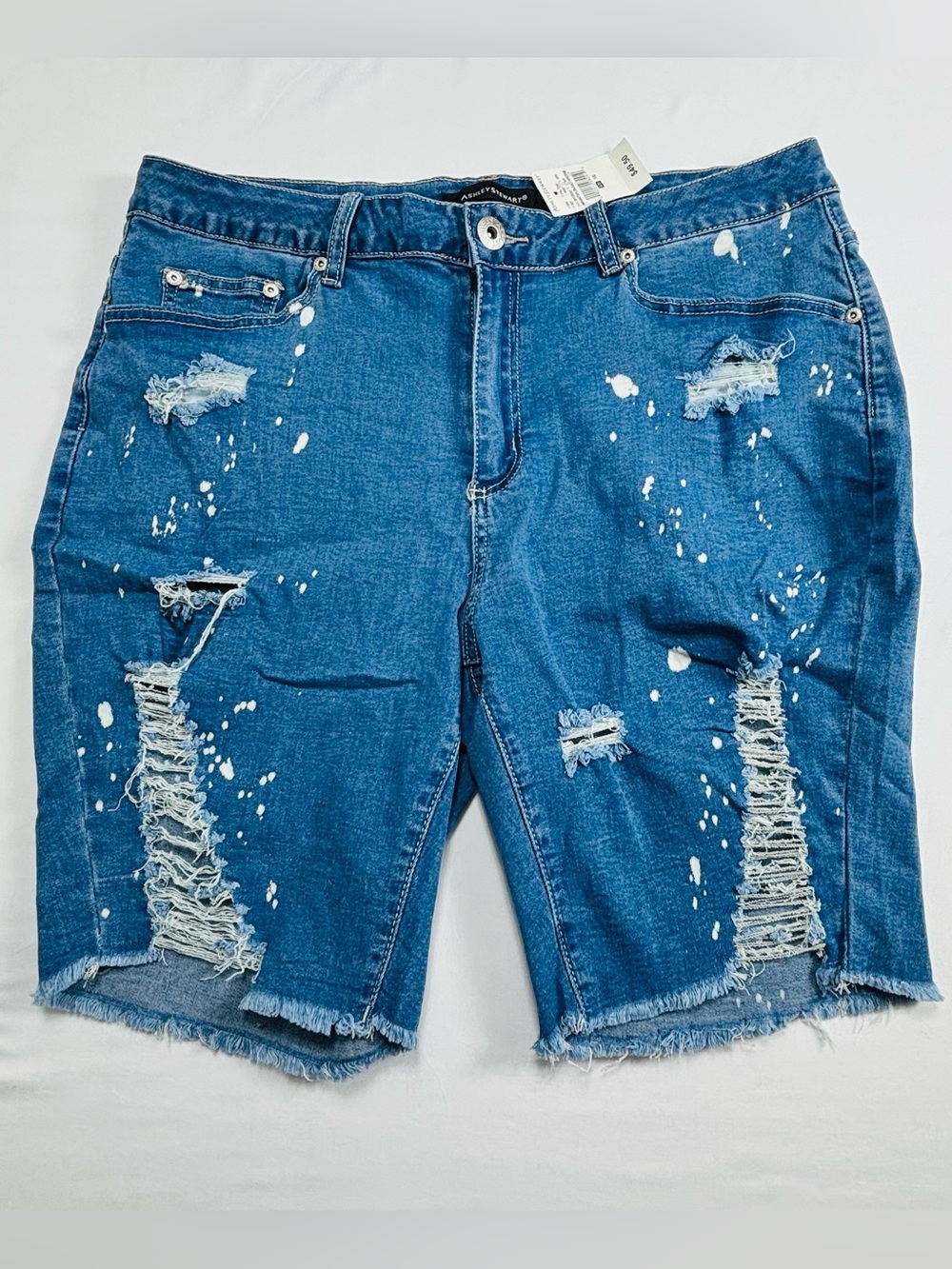 Ashley Stewart Blue Distressed Paint-Splatter Denim Shorts W566